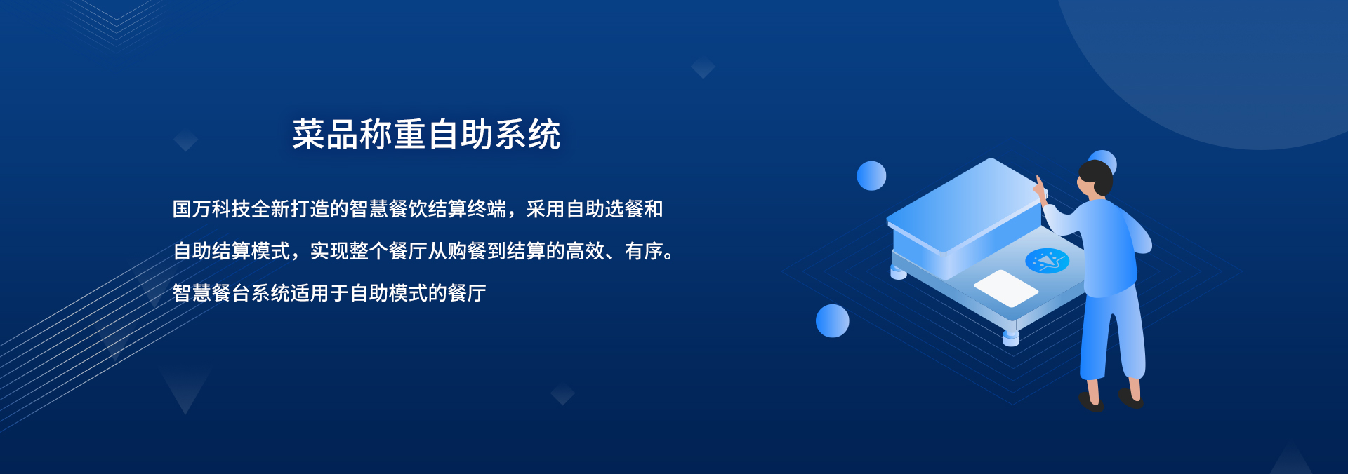 國(guó)萬(wàn)智慧食堂自助餐智能菜品稱(chēng)重系統(tǒng)來(lái)襲啦，就餐人員關(guān)注公眾號(hào)后進(jìn)行自助充值，取餐盤(pán)進(jìn)行信息綁定；取餐時(shí)自行夾菜，菜品稱(chēng)重機(jī)無(wú)感自動(dòng)稱(chēng)重，系統(tǒng)自動(dòng)結(jié)算。